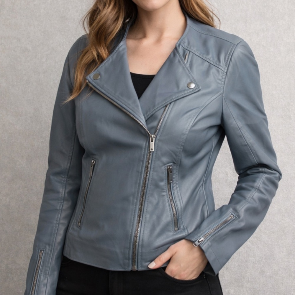 Badgley Mischka Blue gray Leather Jacket